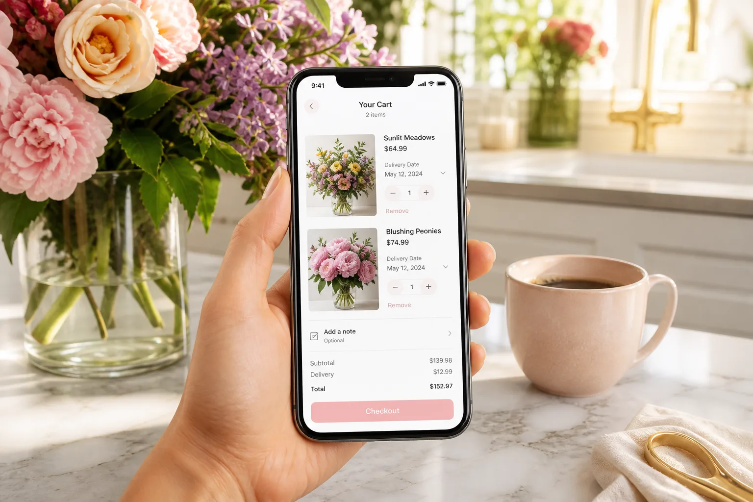 Flower delivery app with bouquet browsing, order placement, and real time tracking