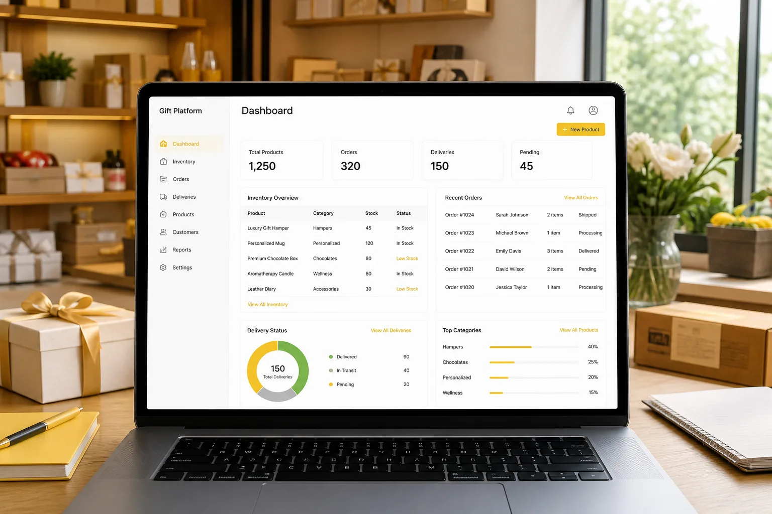 Laptop showing a gift delivery platform dashboard with orders, merchant inventory, and delivery tracking