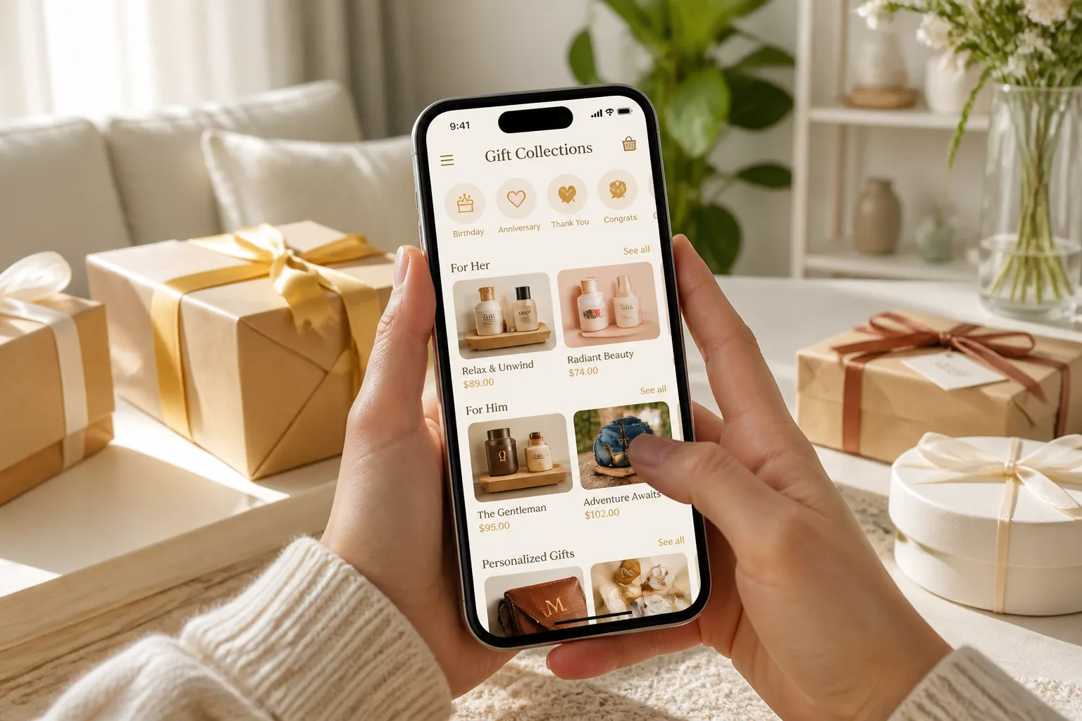 Gift delivery app with gift browsing, order placement, and real time tracking