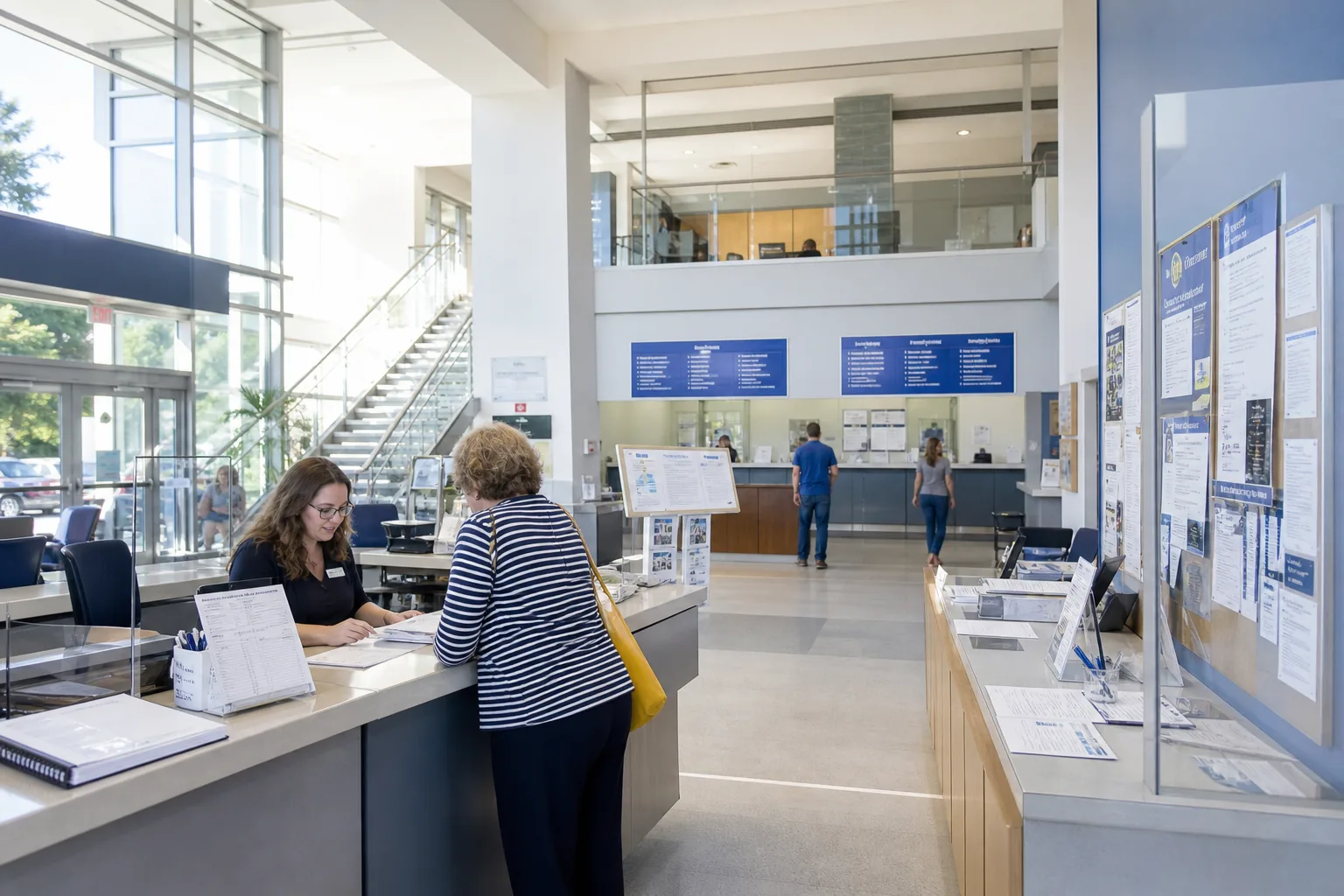 Bright modern USA city hall civic services desk with permit forms, public service counters, and government documents representing government software development solutions