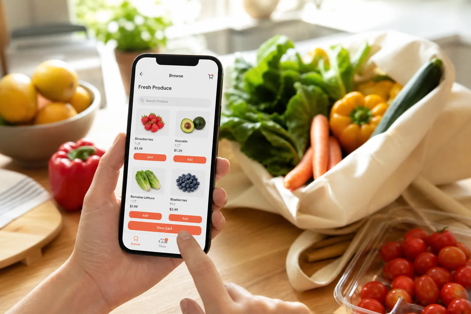 Grocery delivery app with product browsing, order placement, and real time tracking