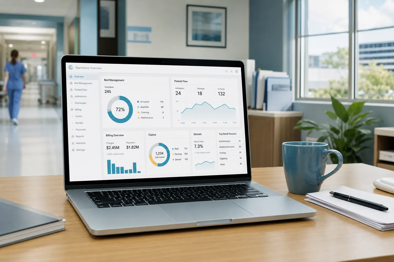 Laptop showing a hospital management platform dashboard with patient registration, physician scheduling, and healthcare analytics