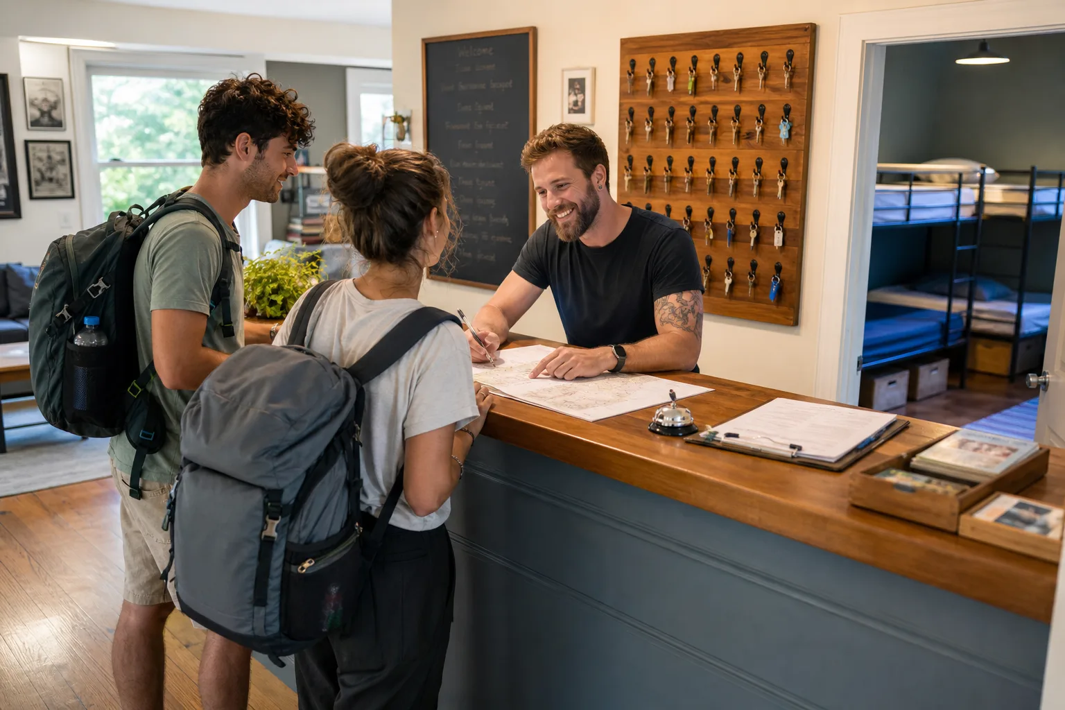 Bright USA hostel lobby with reservation desk, bunk room glimpse, and traveler backpacks