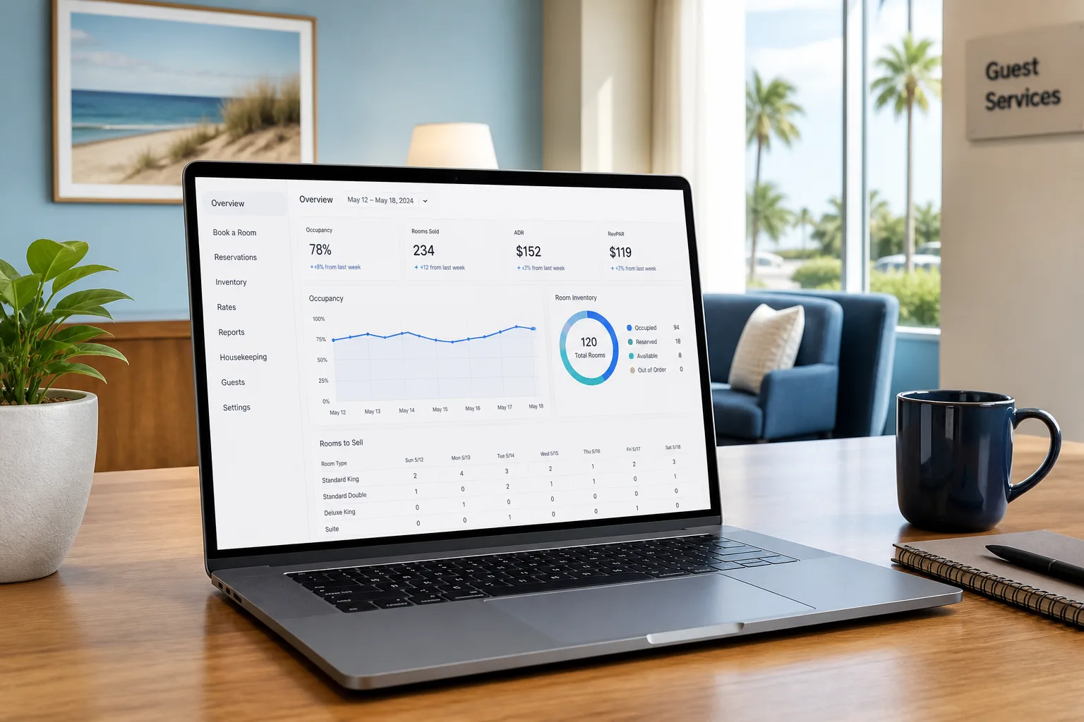 Laptop showing a hotel booking platform dashboard with reservations, room availability, and guest analytics