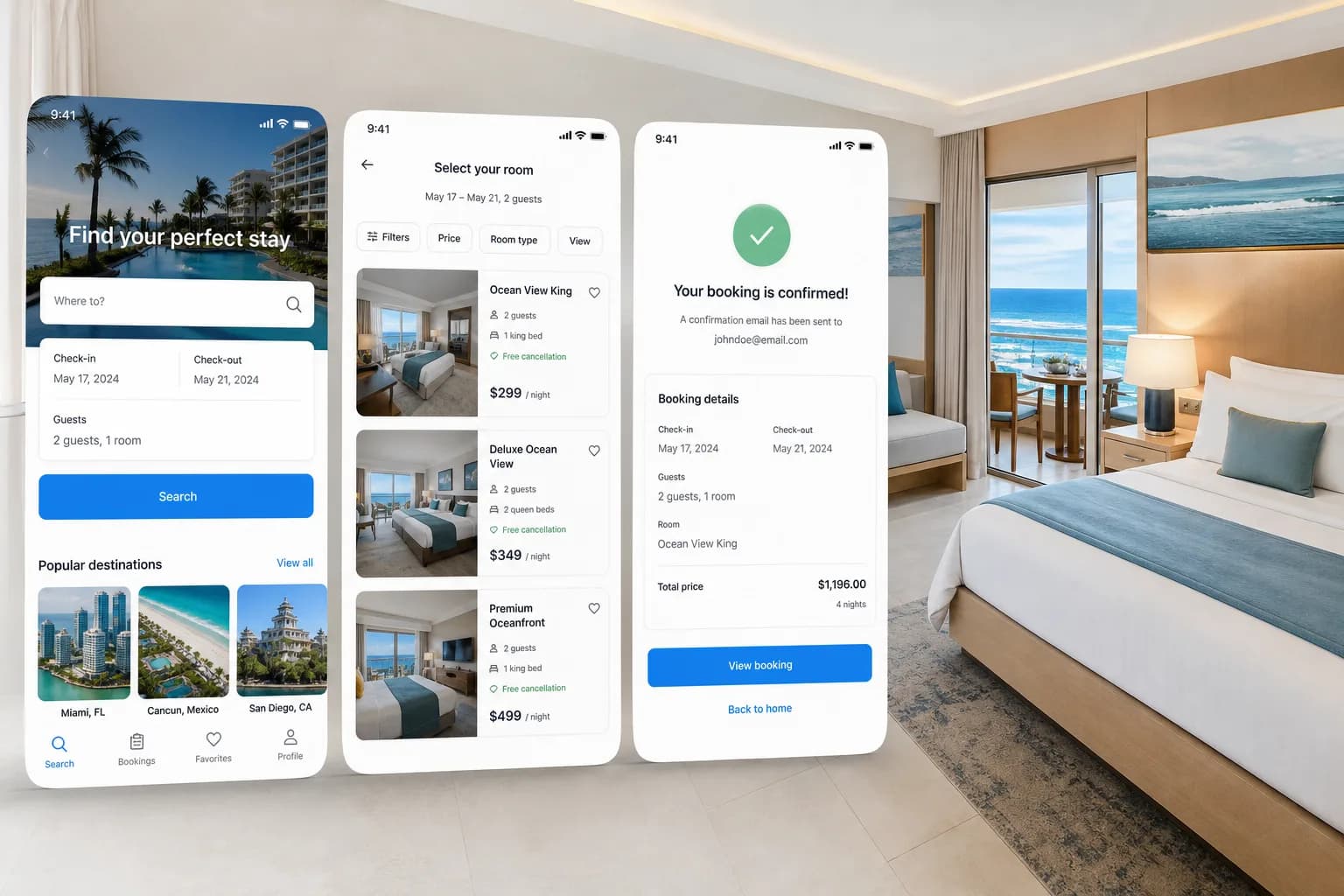 Custom hotel booking app with hotel search, reservations, and secure payments