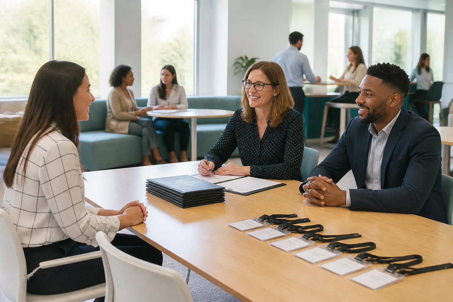 Bright modern USA corporate HR collaboration space with interview table, resume folders, and team planning boards representing Human Resources software solutions