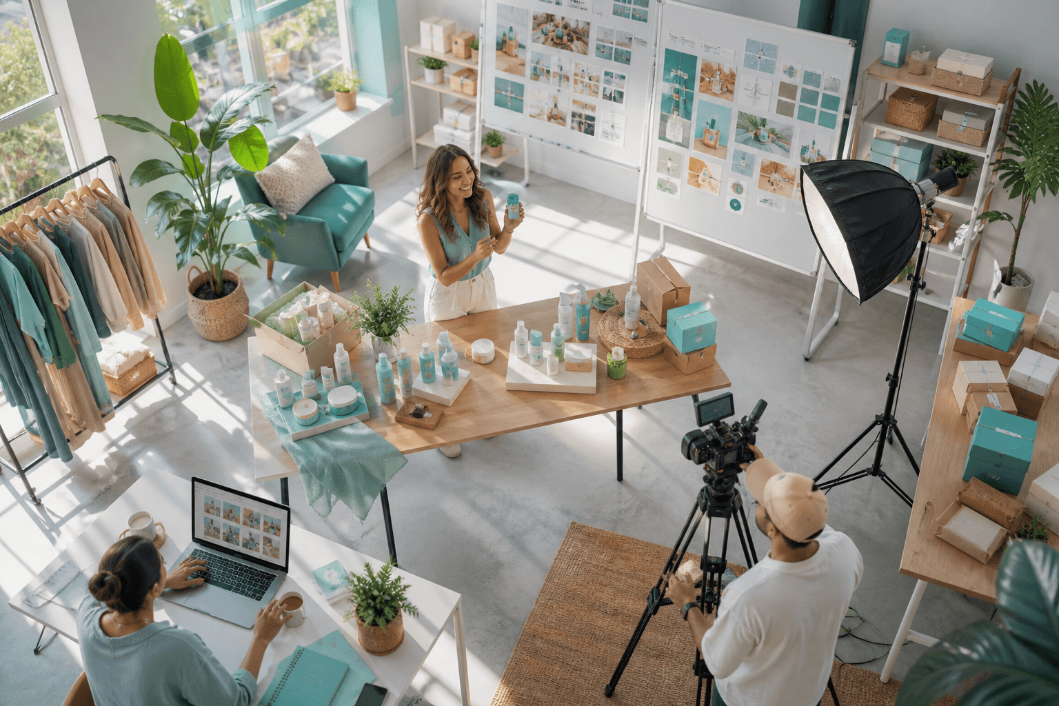 Bright creator collaboration workspace with campaign boards and product packages representing influencer marketing platforms