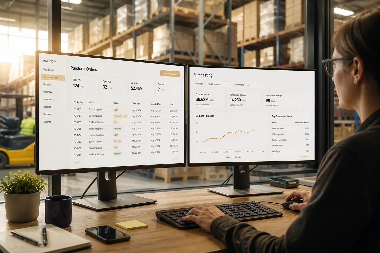 Laptop showing an inventory management platform with warehouse operations, barcode scanning, and demand forecasting