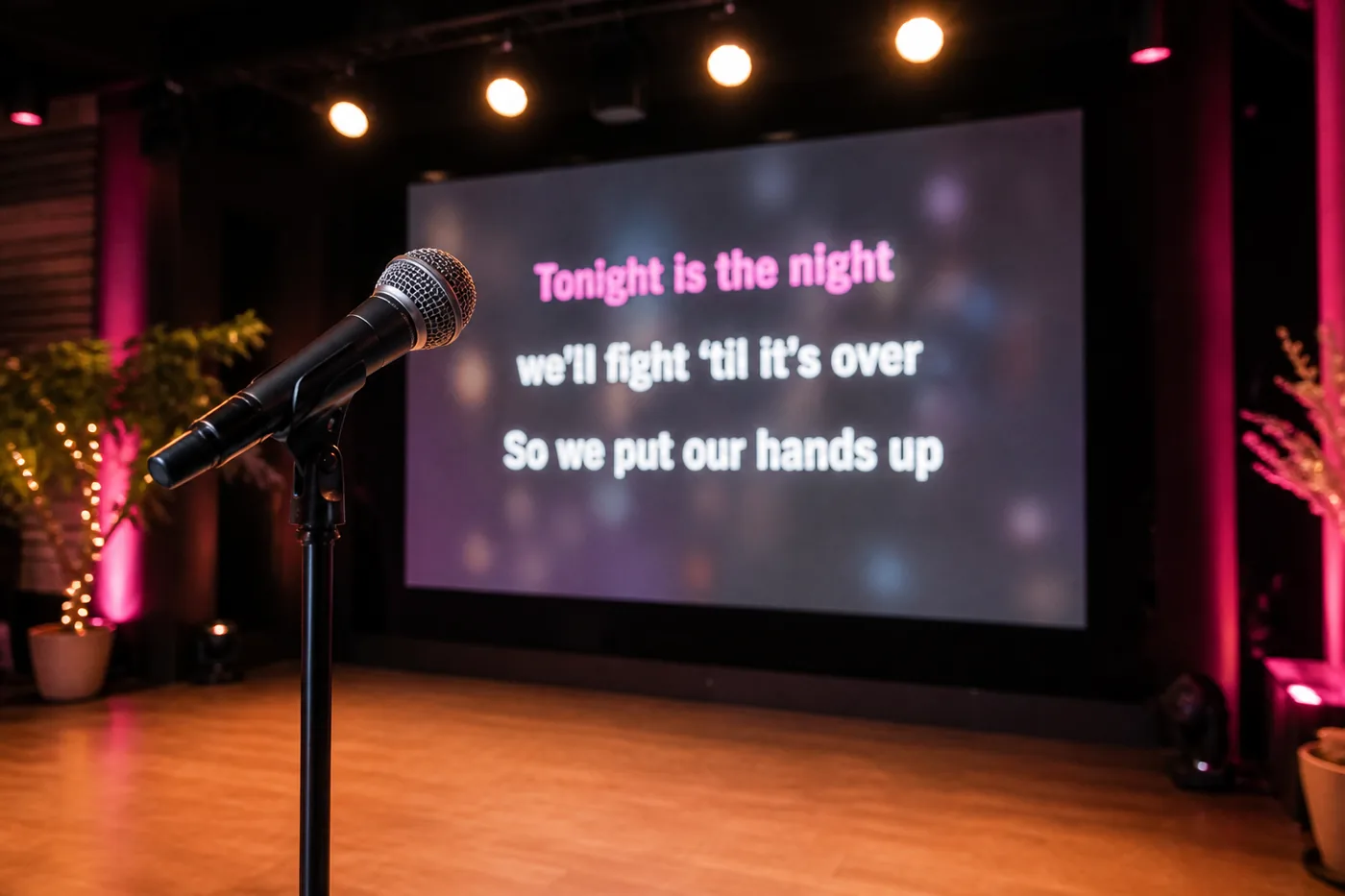 Bright USA karaoke stage with microphone and lyric display representing karaoke app development
