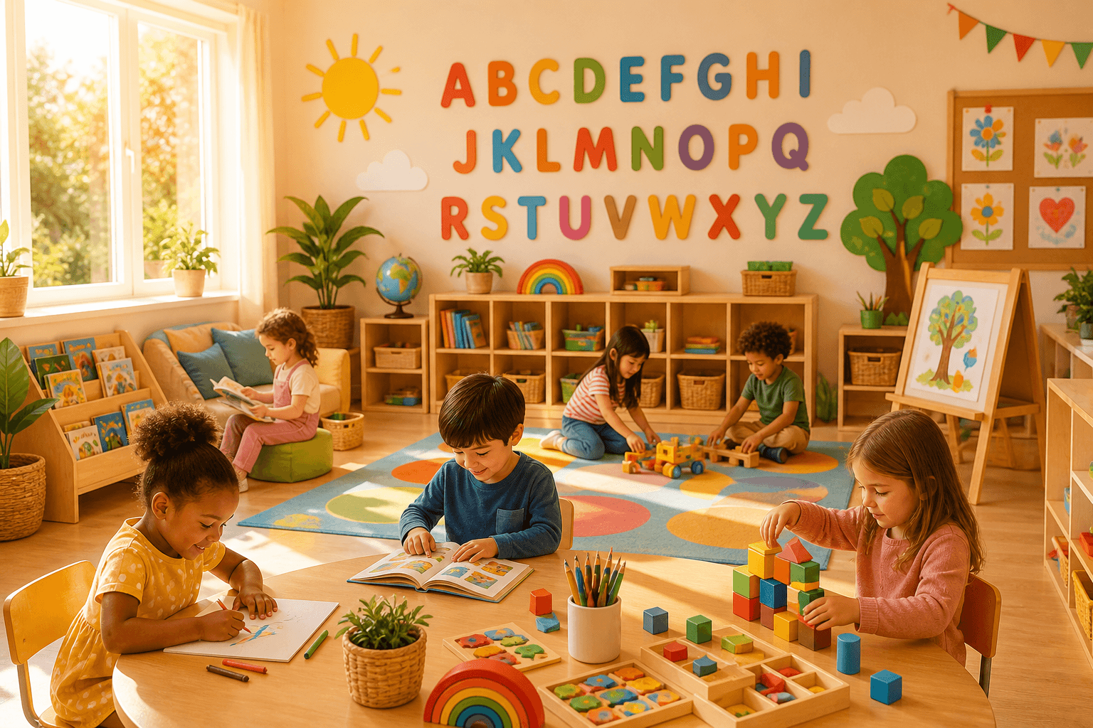 Bright classroom with alphabet blocks, picture books, and learning toys for kids learning app development