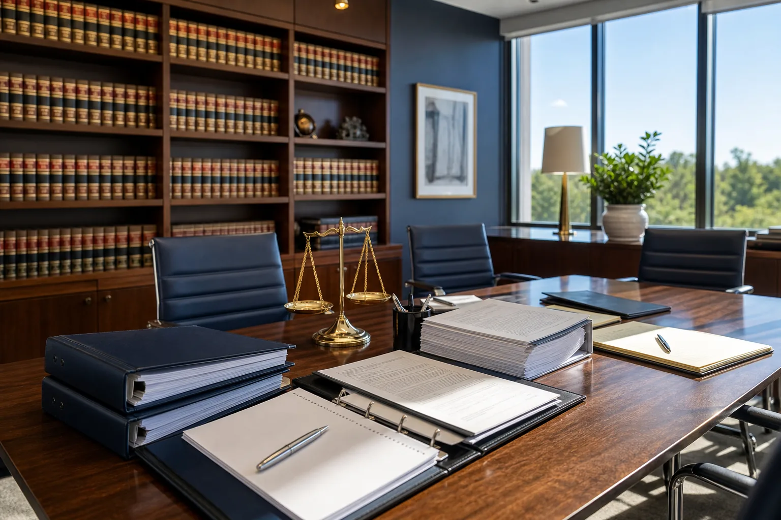 Bright modern USA law firm office with case files, legal research materials, and document binders representing legal app development solutions