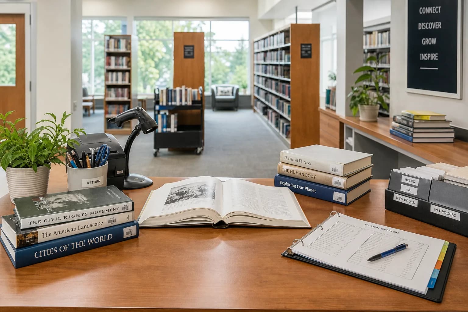 Bright USA library workspace representing custom library management software development