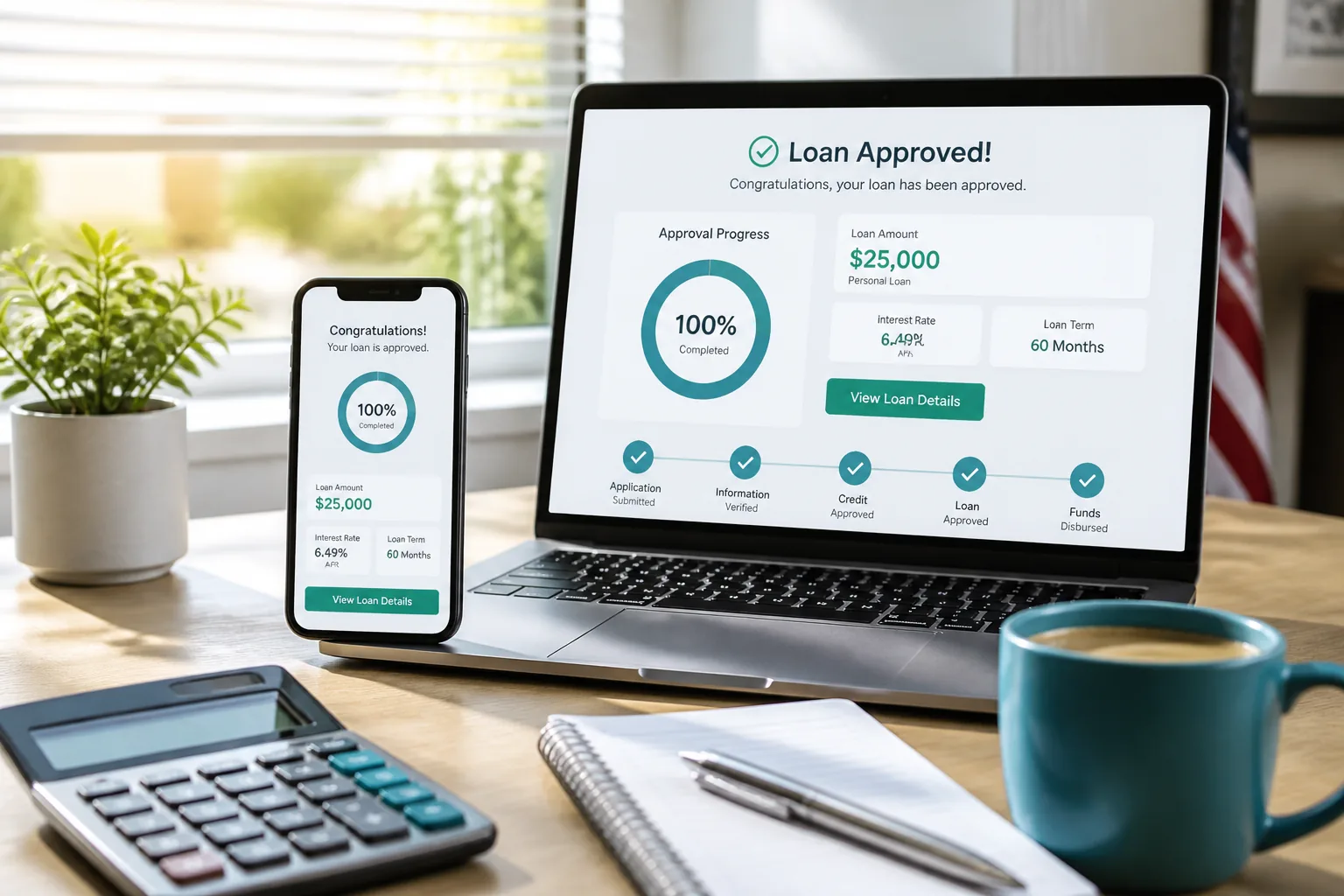 Laptop showing a loan lending dashboard with applications, approvals, and repayment analytics