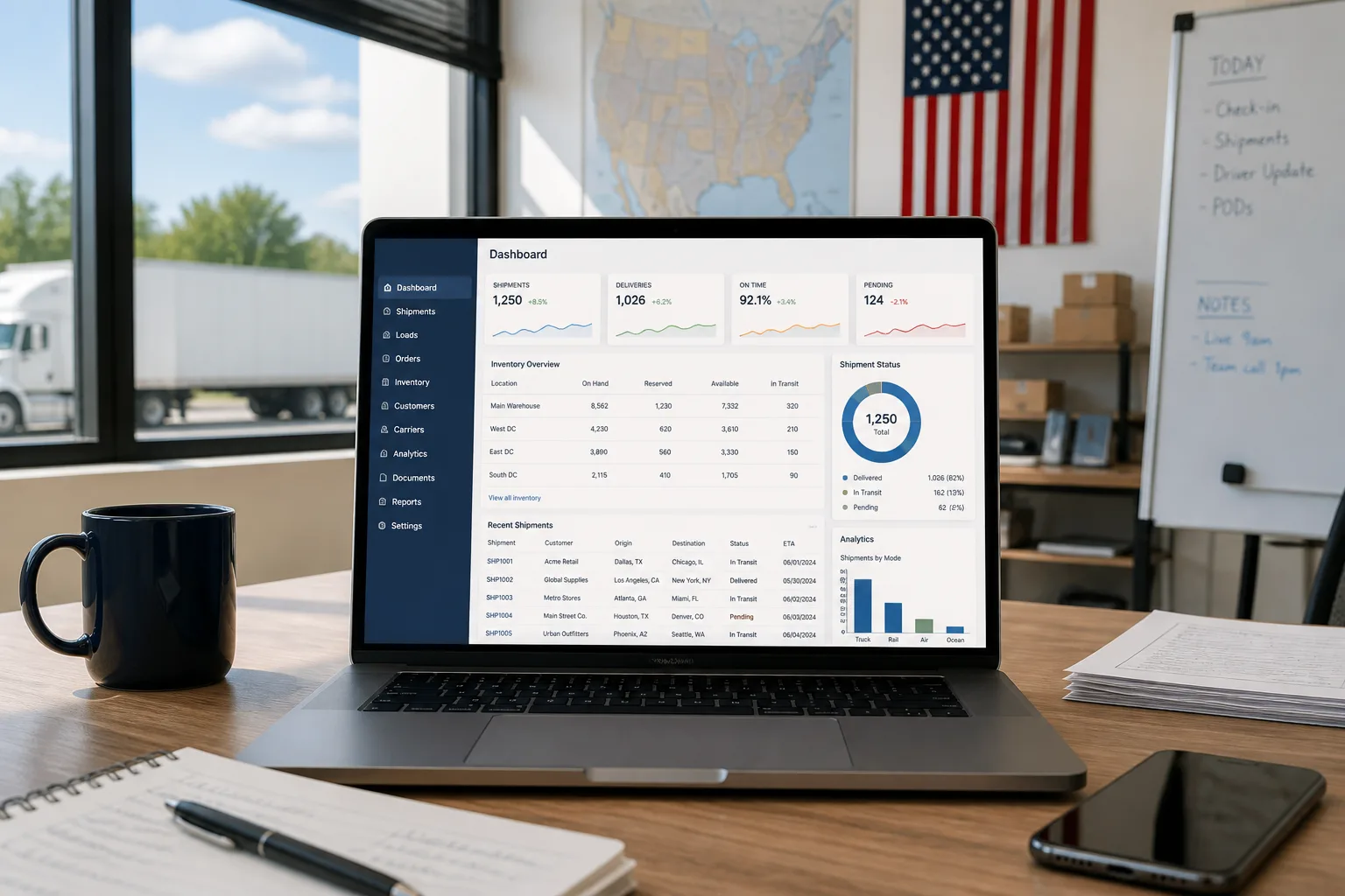 Laptop showing a logistics management platform dashboard with shipment tracking, warehouse operations, and supply chain analytics
