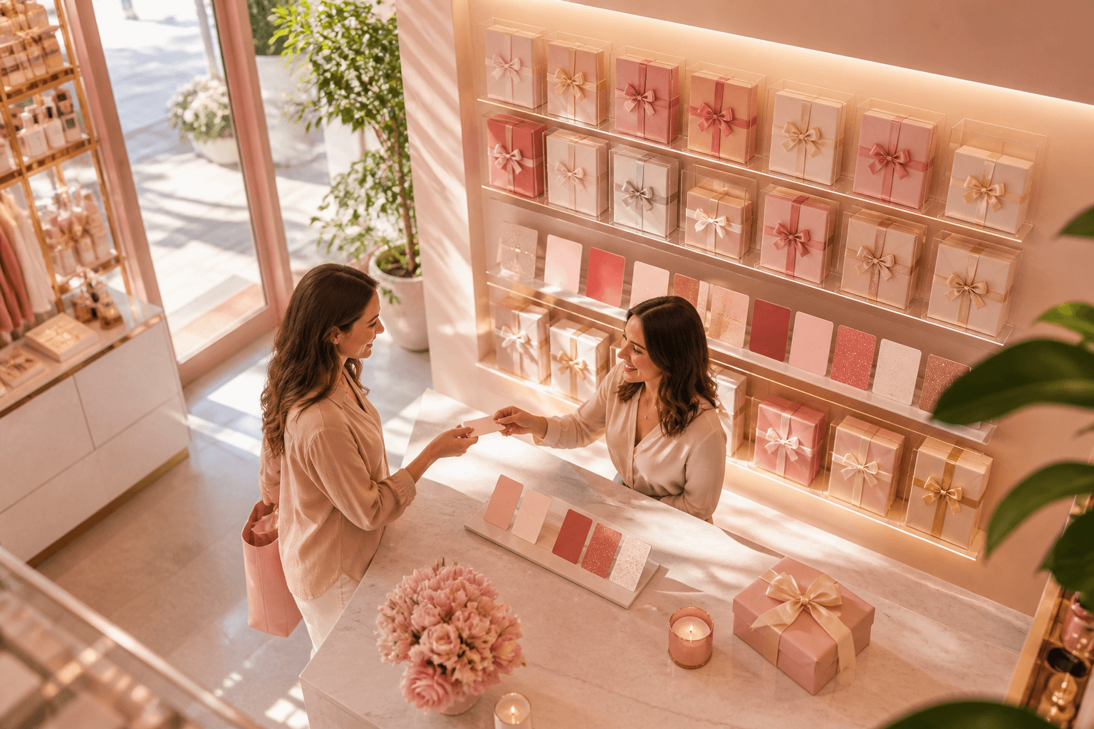 Bright retail rewards counter with loyalty cards and gift vouchers representing customer loyalty engagement