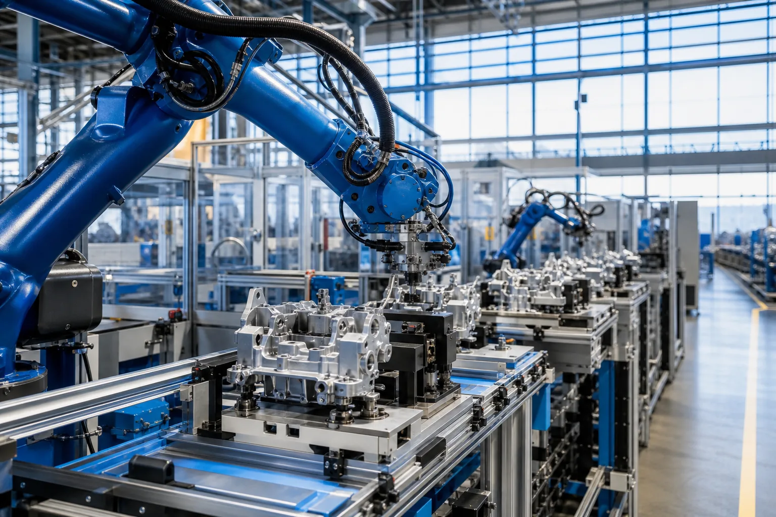 Bright manufacturing operations workspace with production planning, factory dashboards, and equipment coordination representing modern manufacturing app solutions