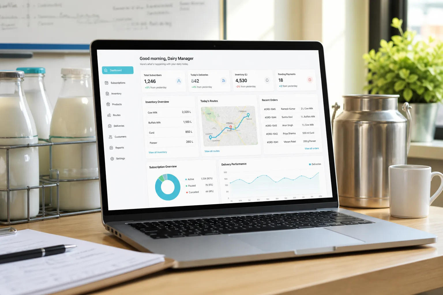 Laptop showing a milk delivery platform dashboard with subscriptions, dairy inventory, and delivery tracking