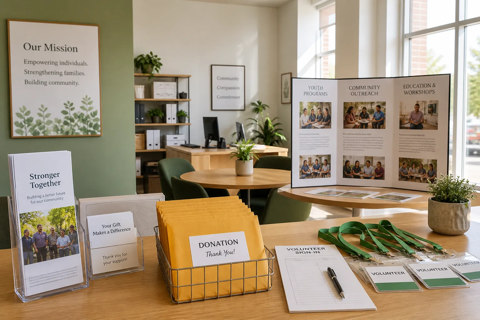 Bright USA nonprofit community space with donation materials, volunteer signup boards, and campaign banners representing NGO app development solutions