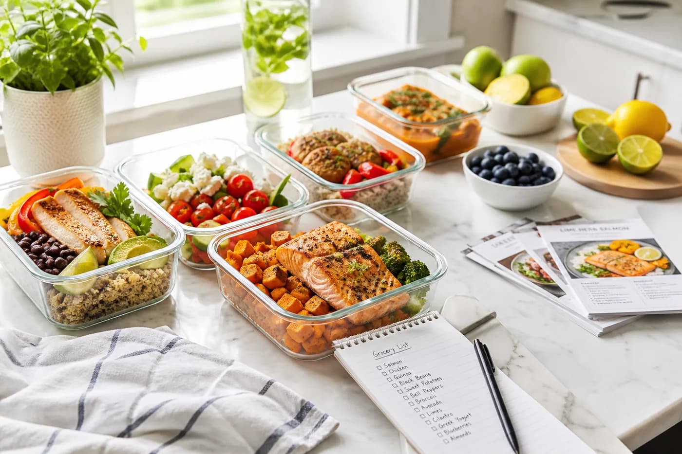 Bright USA nutrition wellness workspace with meal planning materials representing nutrition app development