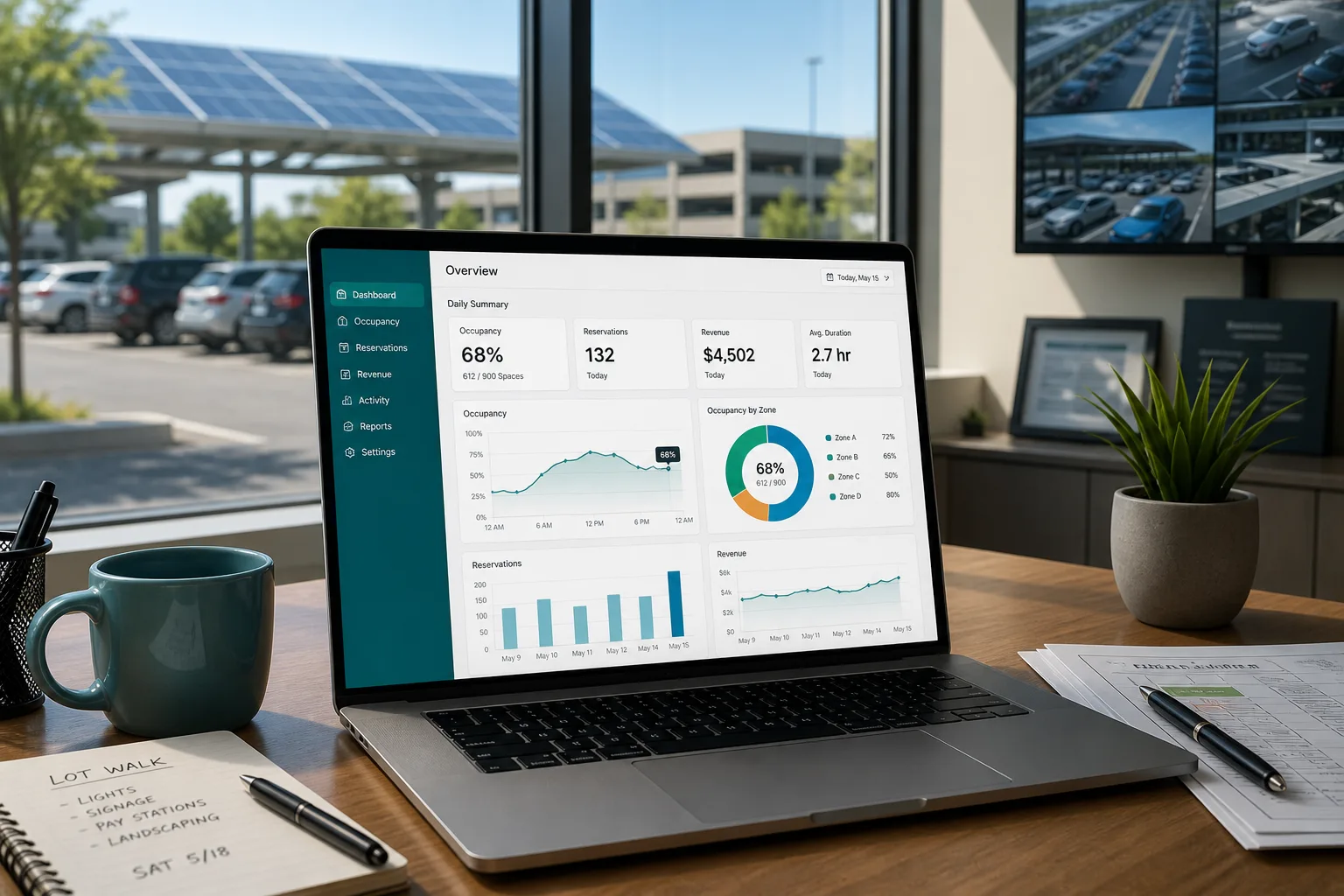Laptop showing a parking finder platform dashboard with live availability, reservations, and parking analytics