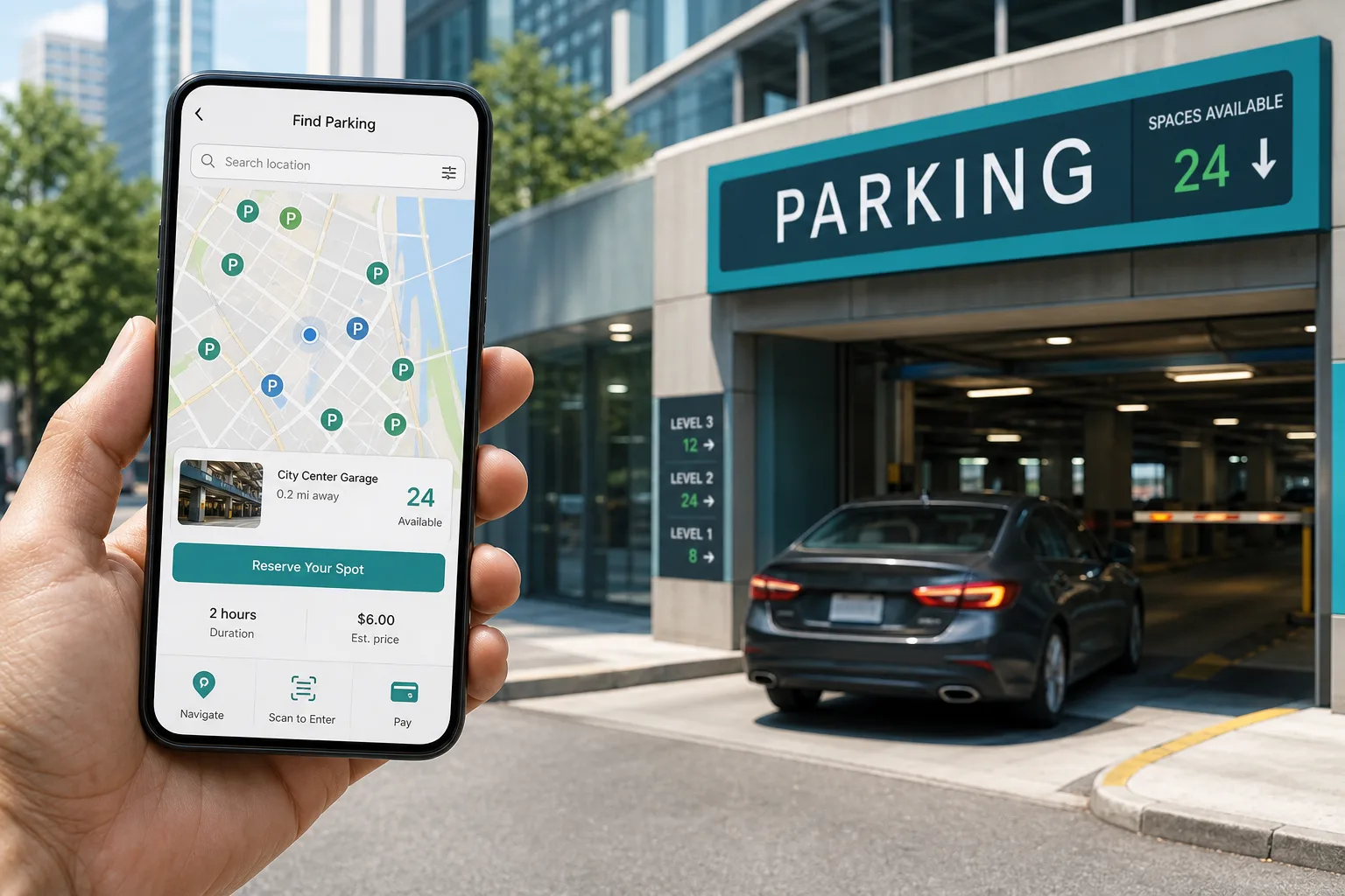 Custom parking finder app with live availability, reservations, and digital payments