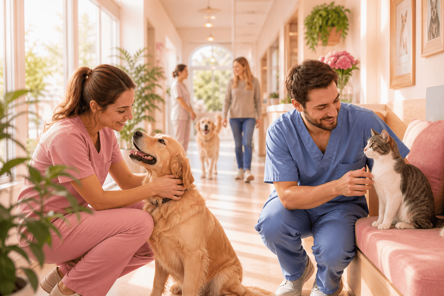 Pet care professionals and pets in a bright clinic representing pet care app development