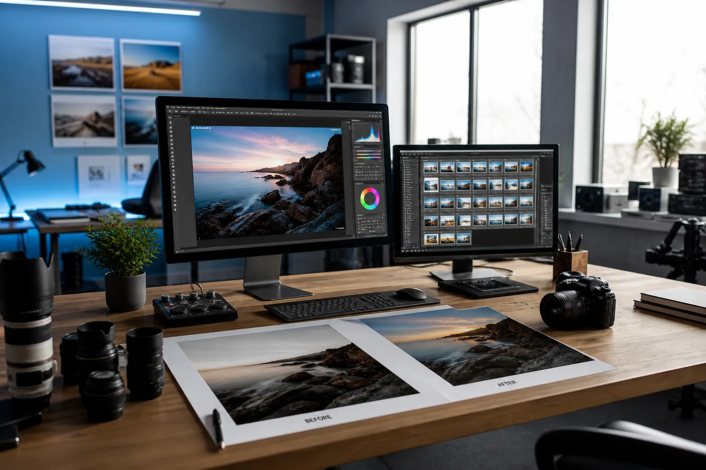 Bright USA creative studio with camera gear and color-corrected prints representing photo editing app development