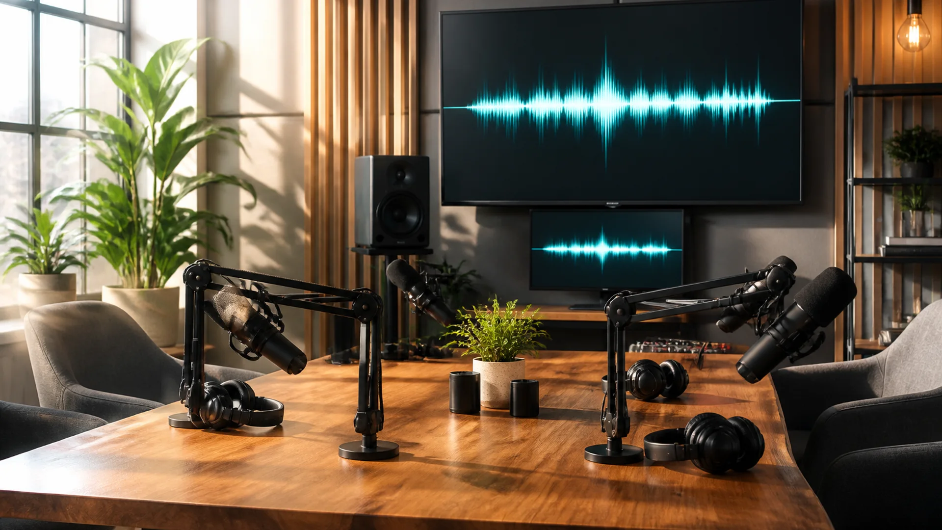 Laptop showing a podcast streaming platform with creator tools, subscriptions, analytics, and audio distribution