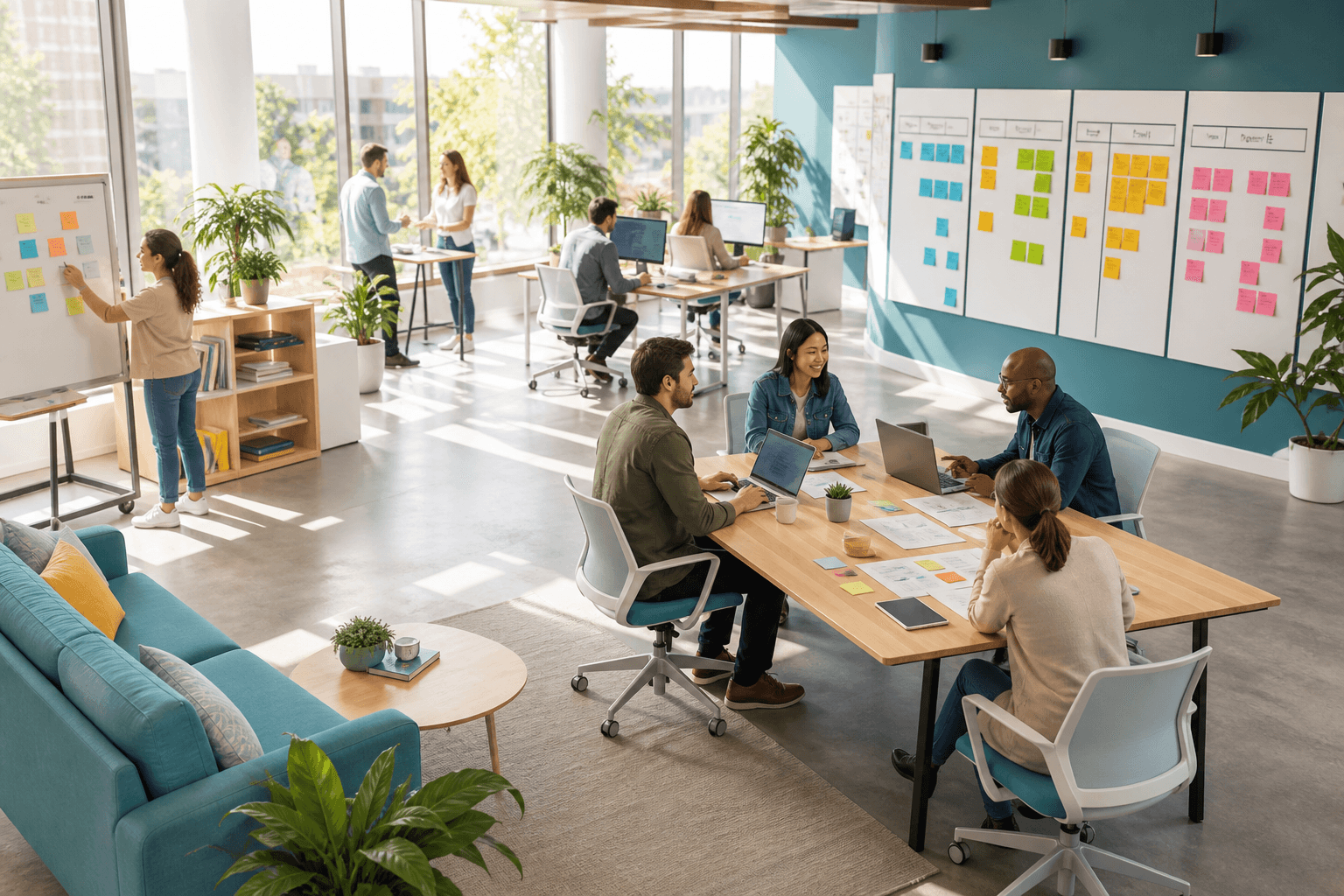 Project team planning deliverables on a Kanban board representing project management app development