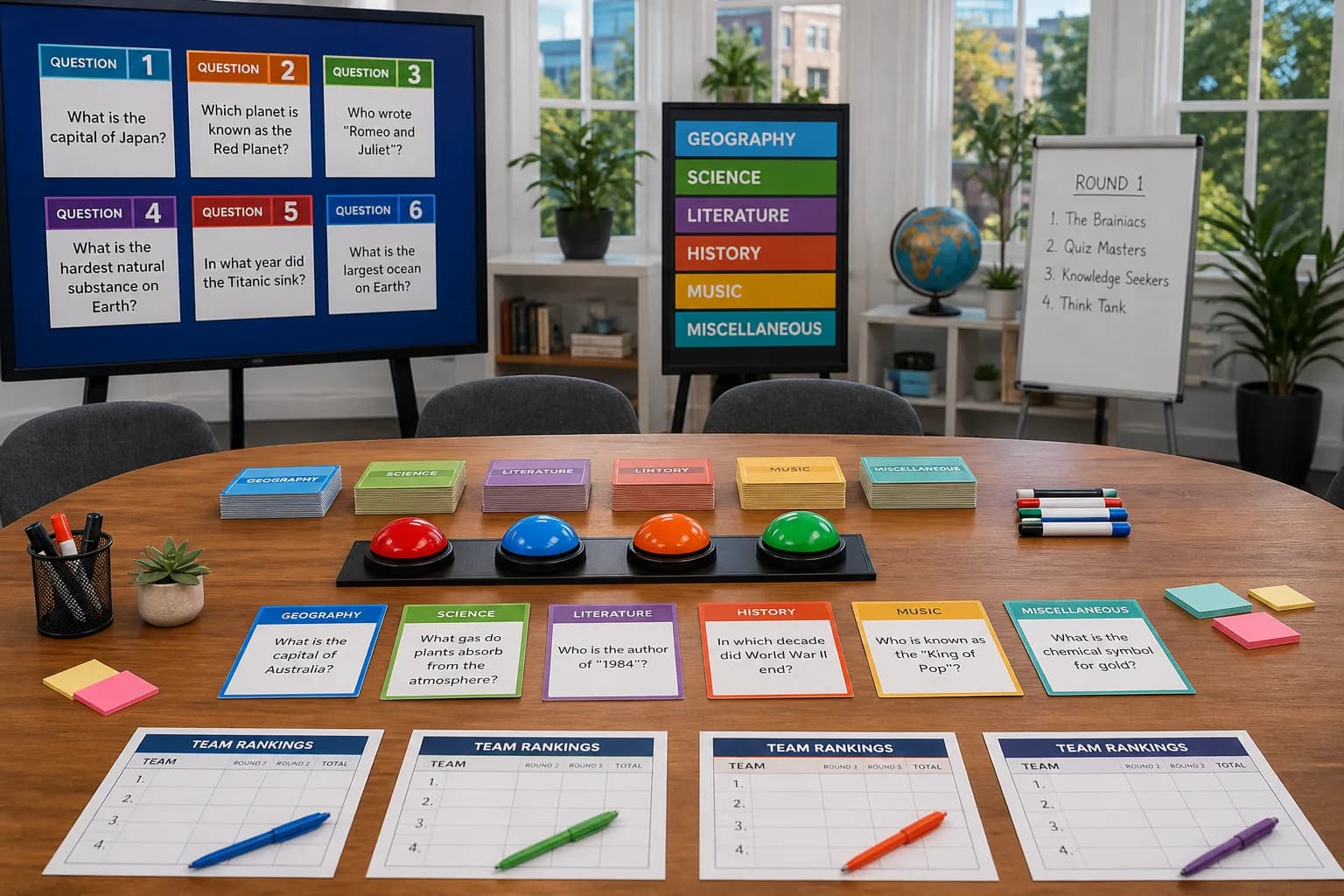 Bright USA quiz studio with category cards, buzzers, and leaderboard props