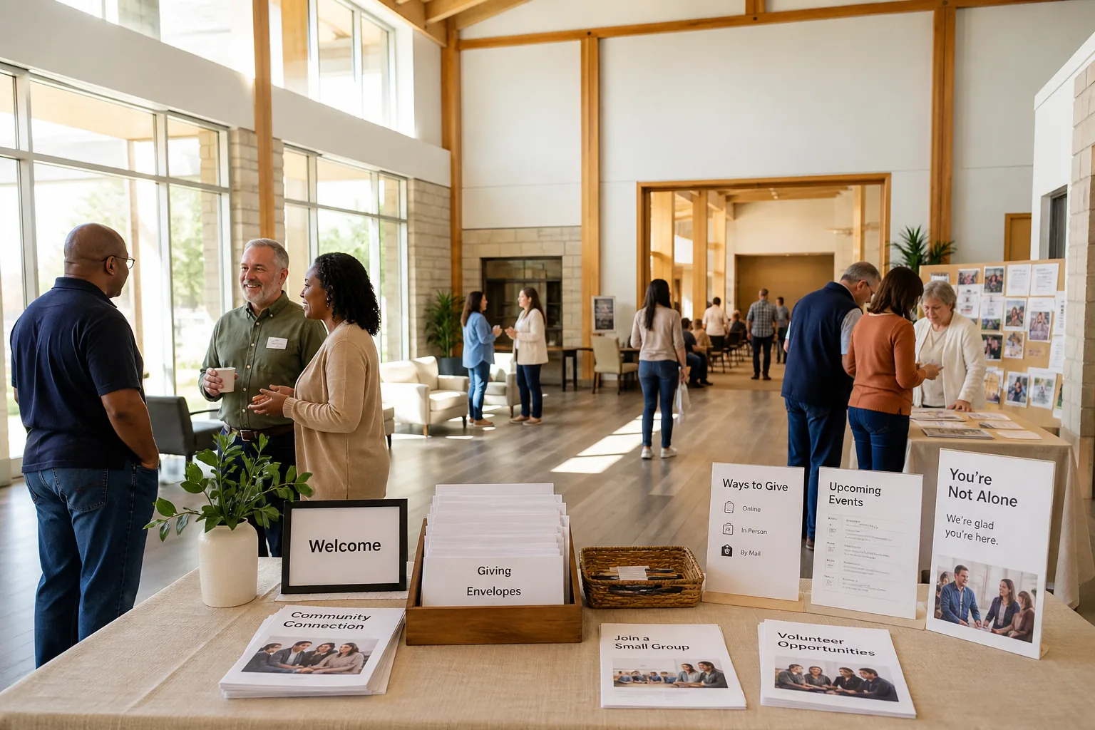 Bright USA faith community fellowship hall with member welcome desk, giving envelopes, and event calendars representing religious organization software development solutions