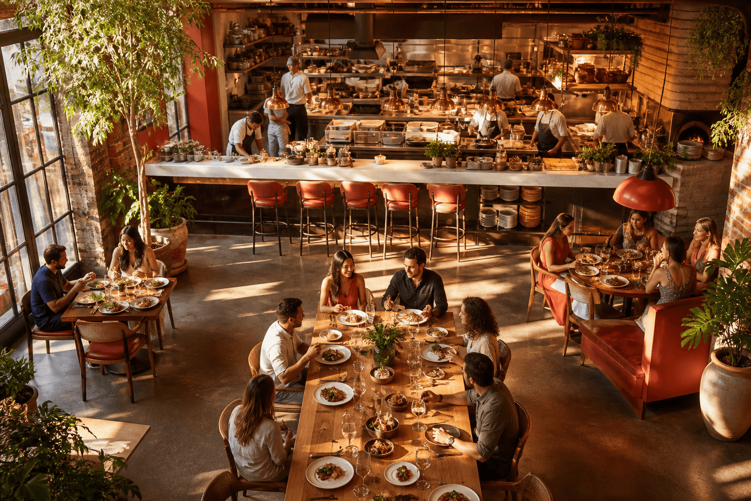 Bright restaurant operations workspace with ordering tablets, reservation schedules, and plated meals representing modern restaurant app solutions