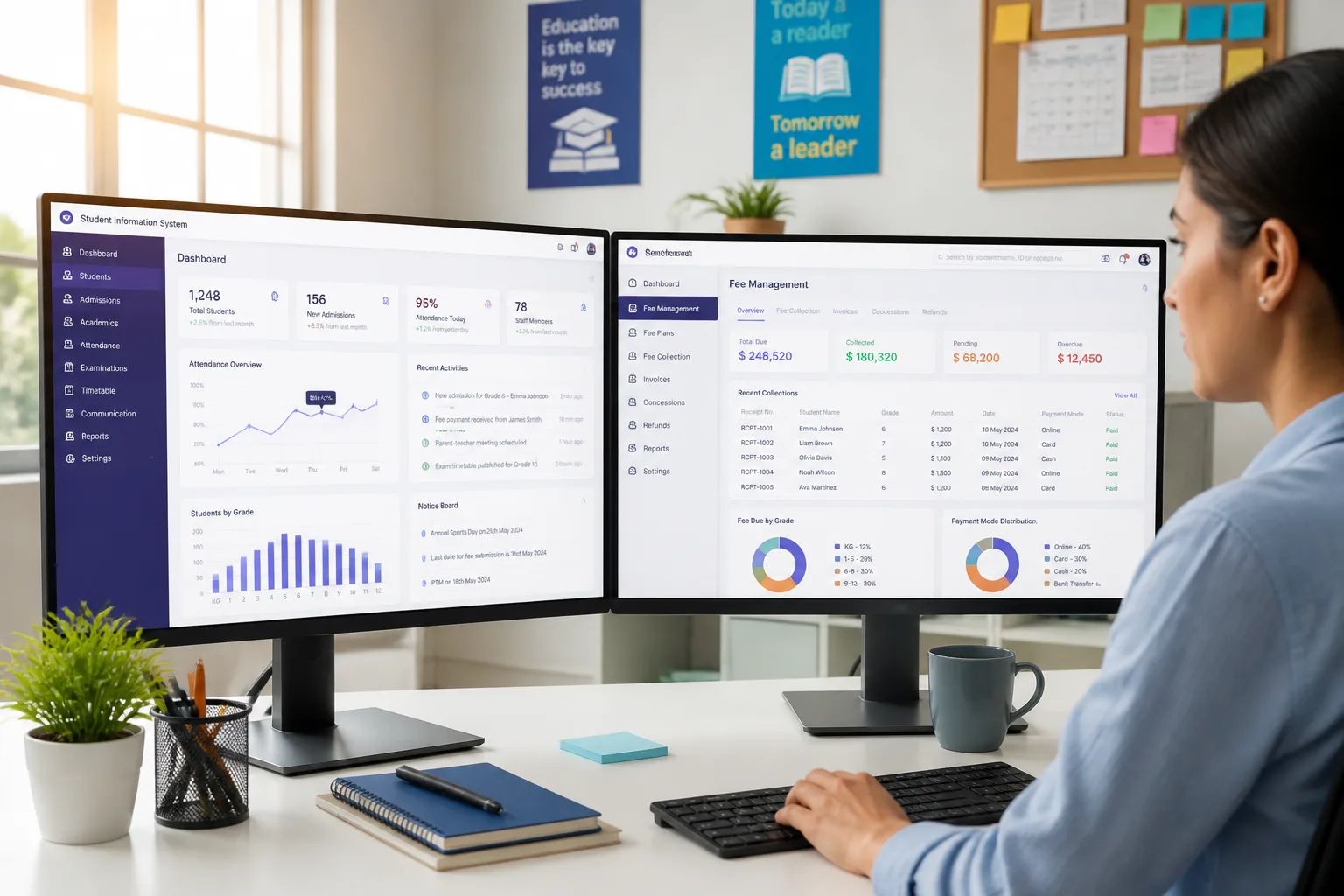 Laptop showing a school management platform dashboard with student records, attendance, and academic analytics