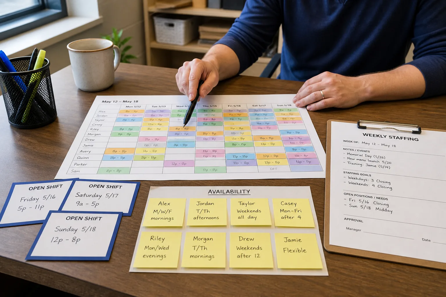Bright USA manager desk with color-coded shift calendar, open-shift cards, and availability notes