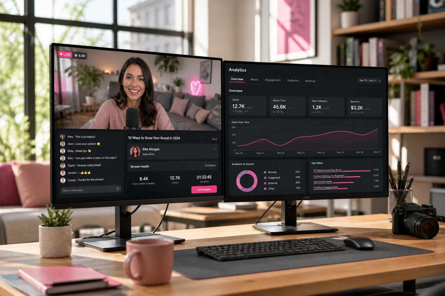 Laptop showing a short video platform with creator tools, AI recommendations, live streaming, and analytics
