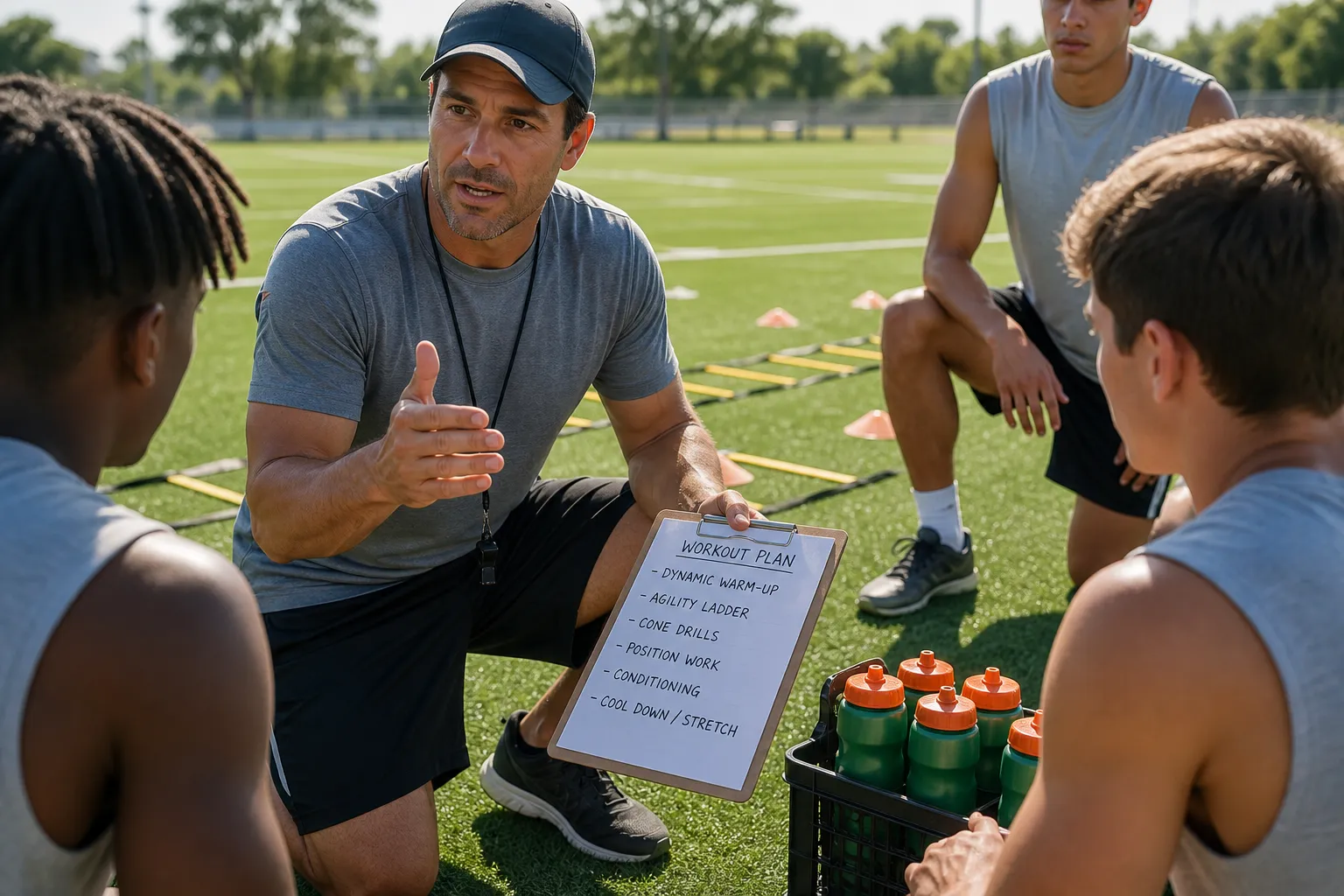Bright USA sports training facility with coaching whiteboard, agility cones, athlete gear, and session planning materials