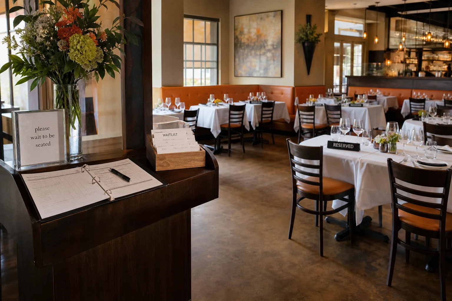 Bright USA restaurant floor with reserved tables, place settings, and reservation boards representing table booking app development