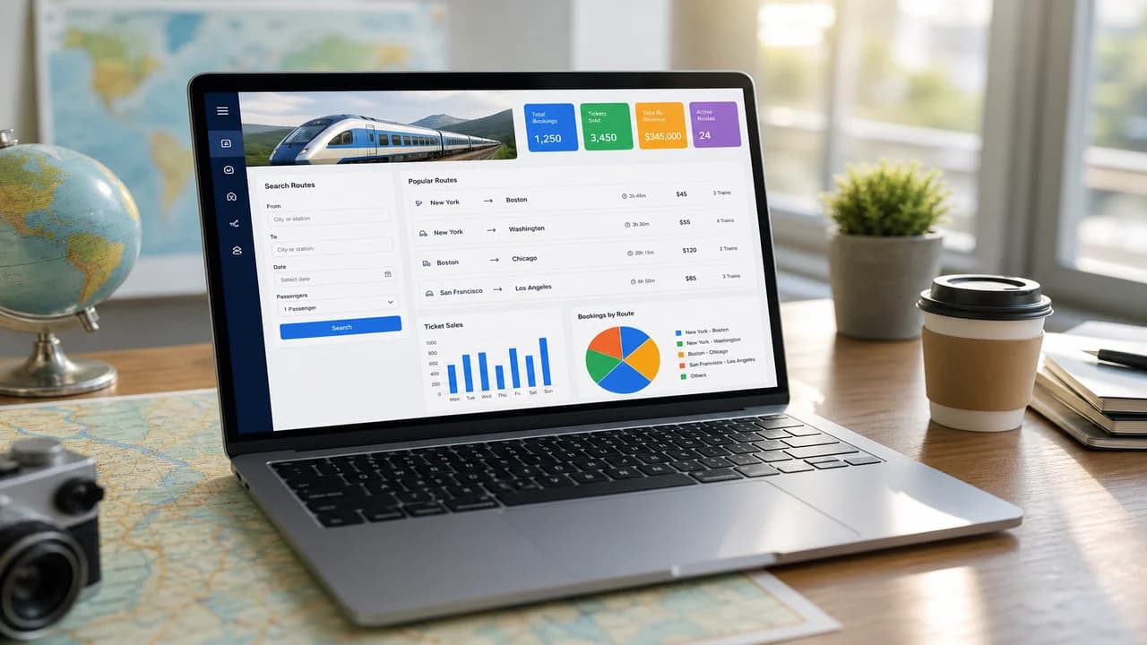 Laptop showing a train ticket booking platform dashboard with rail schedules, seat availability, digital tickets, and railway analytics
