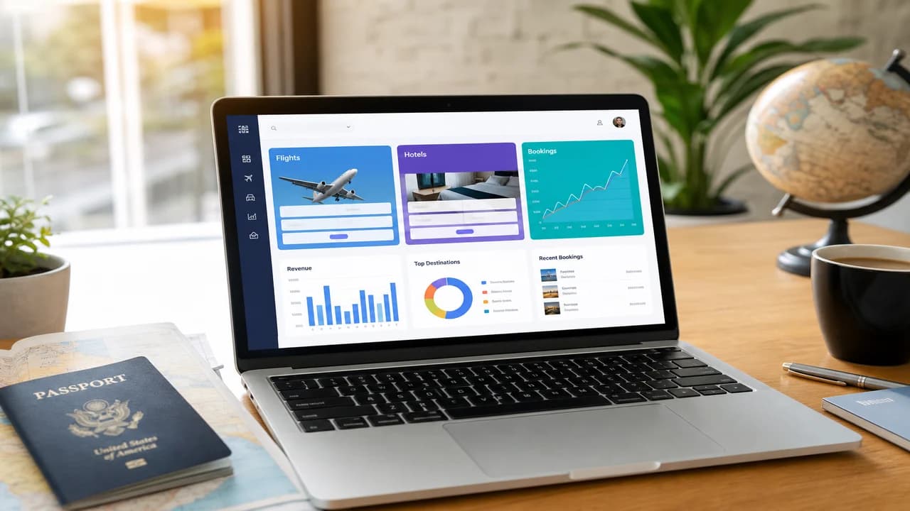 Laptop showing a travel booking platform dashboard with flights, hotels, itineraries, and travel analytics