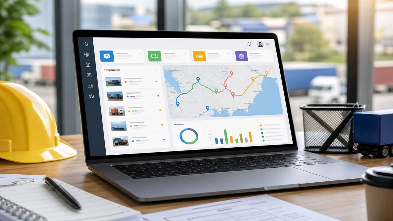 Laptop showing a truck booking and freight management dashboard with load matching, fleet tracking, and logistics analytics