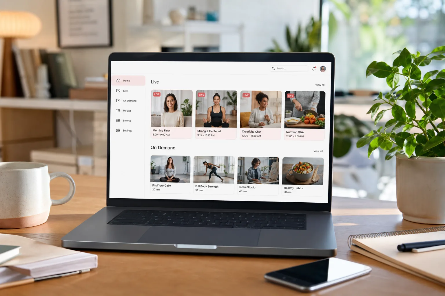 Laptop showing a video streaming dashboard with live content, subscriptions, and audience analytics