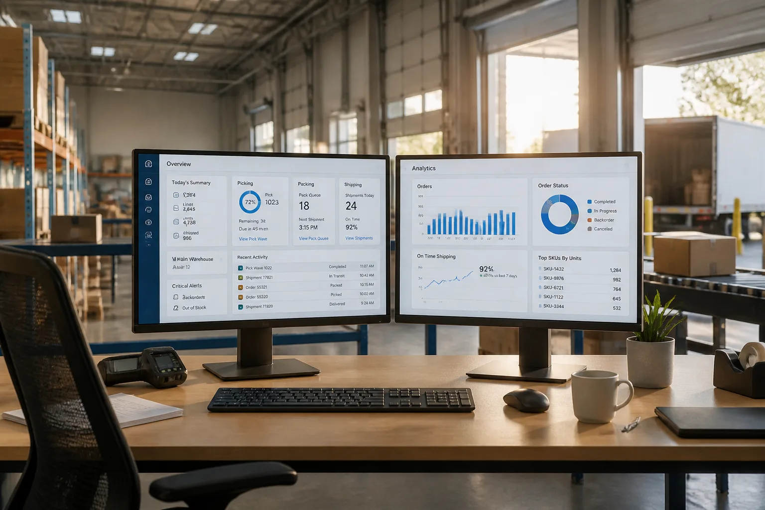 Laptop showing a warehouse management platform with picking, packing, shipping, and warehouse analytics
