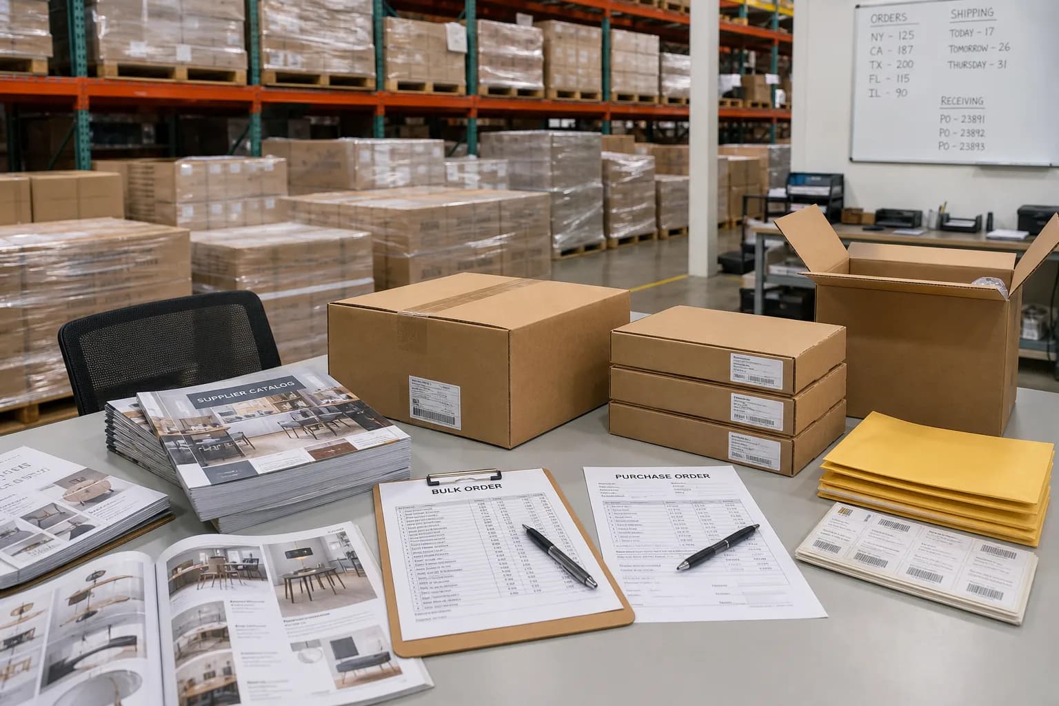 Bright USA wholesale warehouse with pallet goods, catalogs, and order paperwork for B2B marketplace operations
