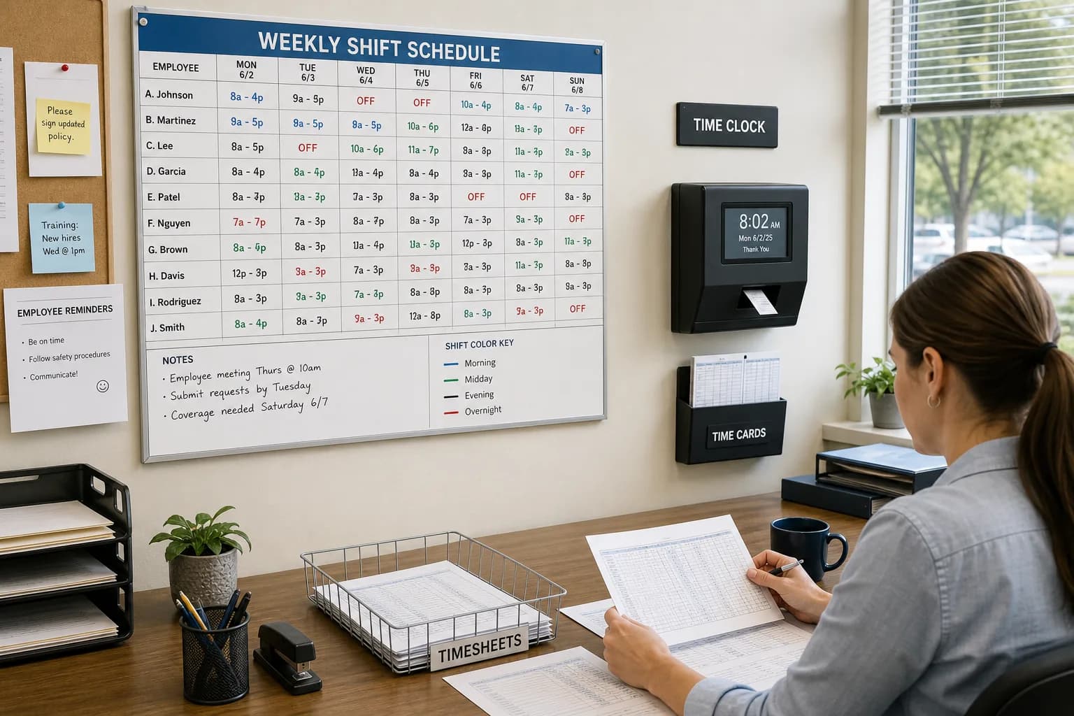 Bright USA workplace with shift schedule wall, time clock, and team planning desk