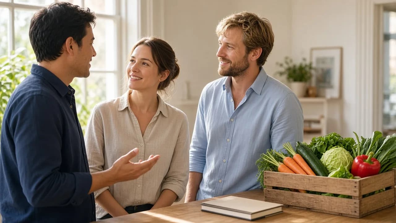 Three colleagues talk in a sunny room beside a crate of vegetables and a closed notebook.