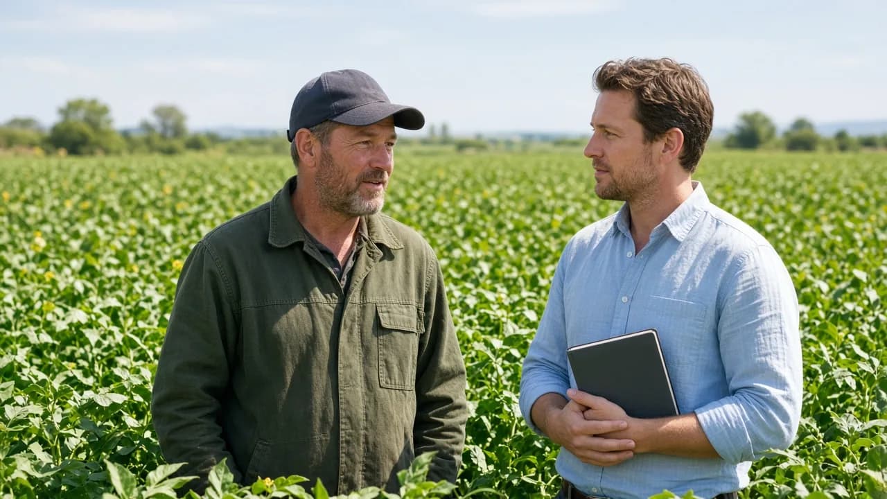 A farmer and an advisor talk in a sunny crop field beside a closed notebook.