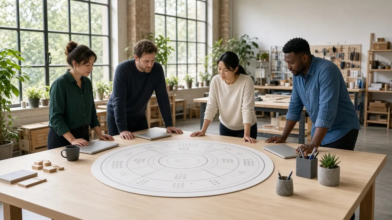 A small team gathered around a circular diagram of rings and dots in a bright workshop.