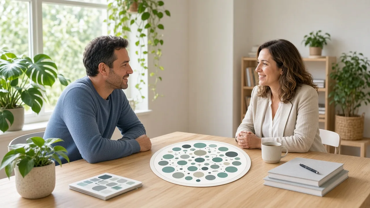 An advisor and a client discussing a circular chart of rings and dots at a bright table.