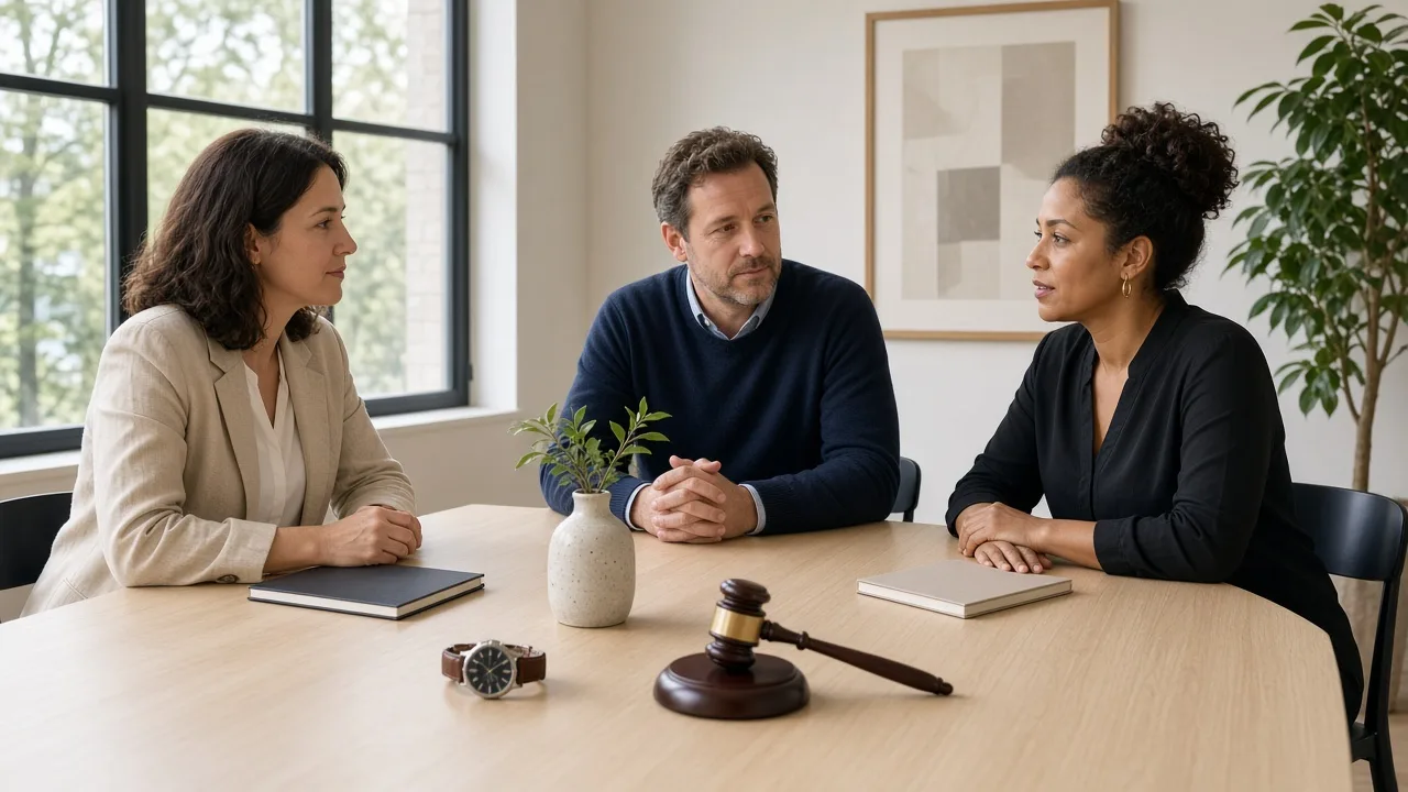 Three colleagues planning around a table with a gavel, a watch, and a small vase.