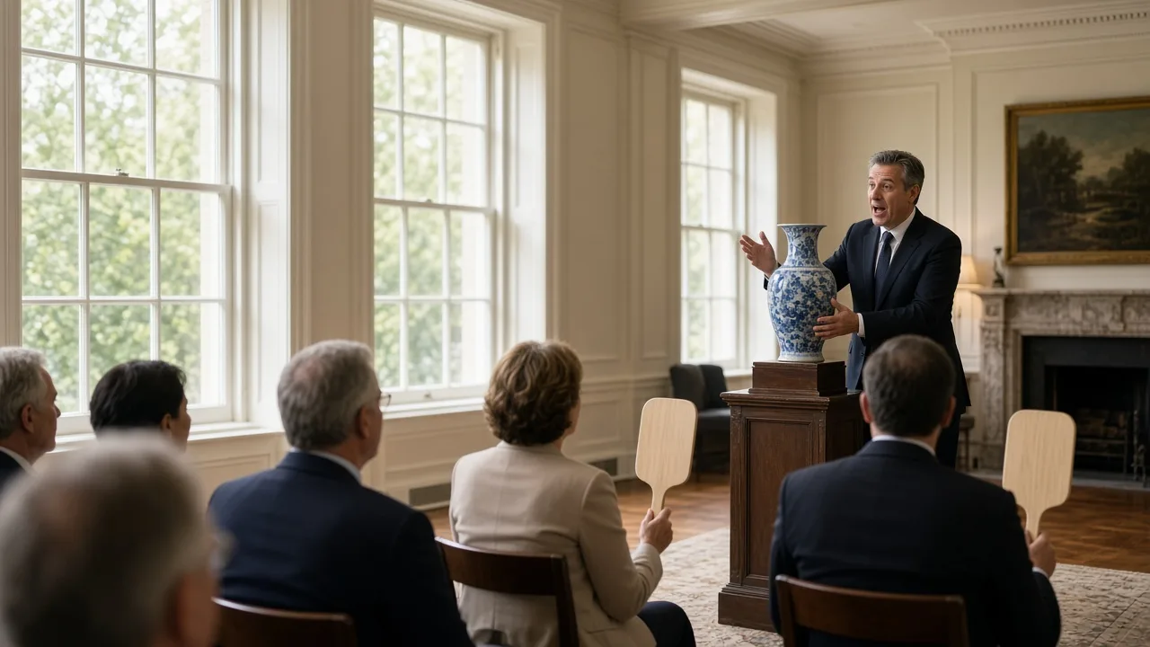 An auctioneer presenting a blue and white vase while bidders hold blank paddles.